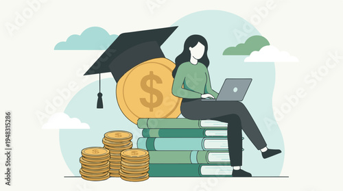 Student managing finances for education with laptop, books, and money