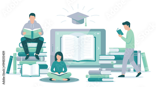 Modern Education Concept: Students Reading Books and Using Digital Learning
