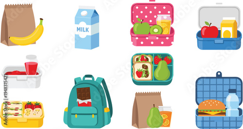 School Lunch Box and Food Container Icon Set Vector Illustration with Healthy Meal Snacks Backpack and Kids Lunch Packaging Collection