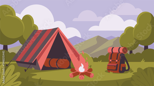 Camping trip in nature with tent, campfire, and backpack illustration