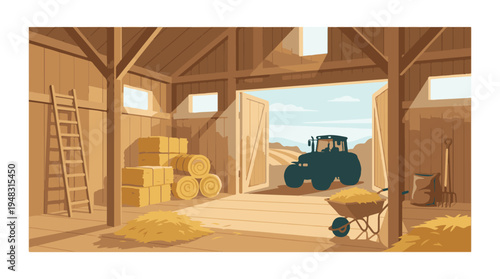 Barn interior with farm equipment and a view of a tractor in fields