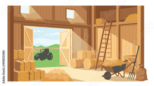 Cartoon illustration of a barn interior with hay bales, farm tools, and tractor