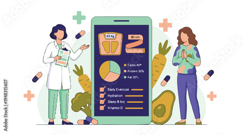 Nutritionist and Patient Discussing Health Data on a Mobile App