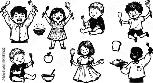 Line art joyful children holding spoons forks and whisks celebrating breakfast and play cooking in simple kitchen scene happy morning