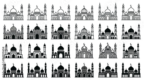 A curated ensemble of mosque illustrations, ranging from intricate outlines to striking black silhouettes, celebrating Islamic architecture for spiritual and cultural graphic applications