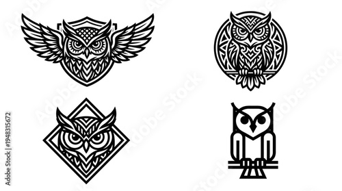Collection of four stylized owl illustrations in a vintage, tribal, geometric, and minimalist art style, perfect for logos and graphic design
