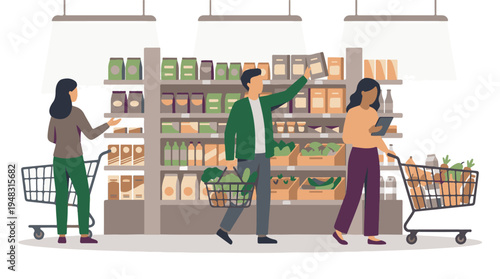 Customers shopping for groceries in a modern supermarket aisle