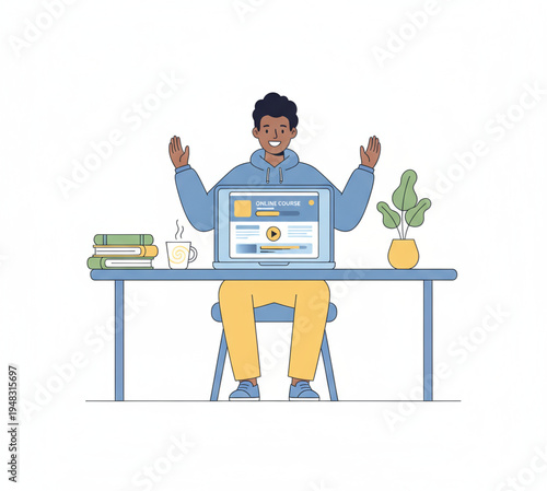 Man in a hoodie happily sitting at a desk with a laptop open showing an online course and books on the side