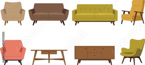 Mid century modern furniture set vector illustration sofa armchair desk cabinet and lounge chair retro interior design collection