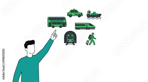 Man pointing at various modes of transportation icons and options