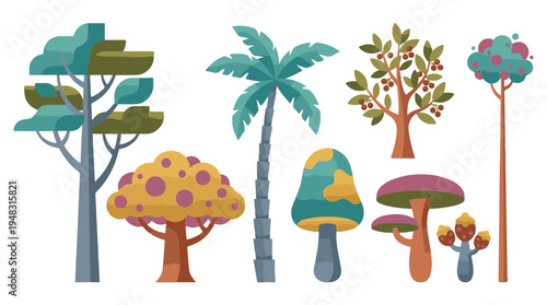 Stylized Trees and Mushrooms Collection on White Background