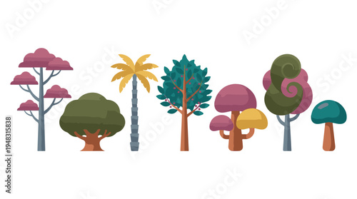 Colorful Vector Set of Stylized Trees and Whimsical Mushrooms