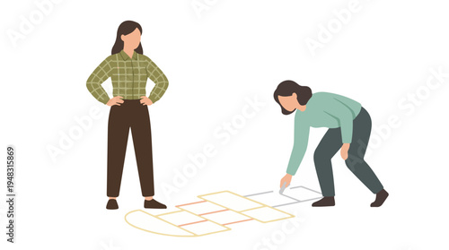 Women drawing hopscotch game on the ground for outdoor leisure play