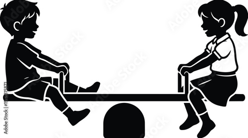 Silhouette vector side view boy and girl on seesaw playing together at playground balance teeter totter flat design children smiling