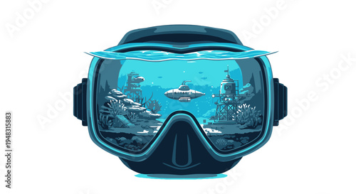 Underwater View Through Diving Mask with Submarine and Coral Reef