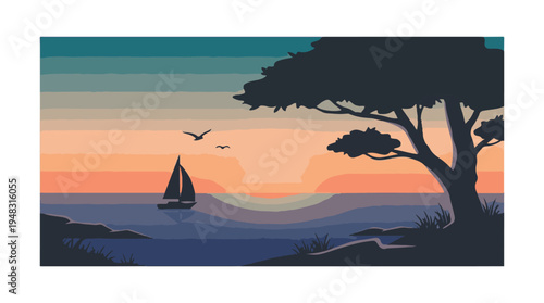 Serene sunset ocean landscape with sailboat, tree, and flying birds