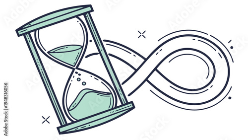 Tilted hourglass and infinity loop endless time cycles illustration concept,  A conceptual illustration showing a tilted hourglass with liquid and a flowing infinity symbol, representing endless time.