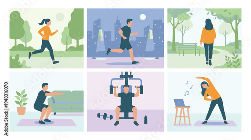 Healthy lifestyle concept: People engaging in diverse fitness activities