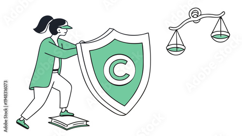 Copyright shield woman standing on books balancing scales protection legal,  Illustrative concept of protecting intellectual property with a copyright shield and balancing scales of justice.