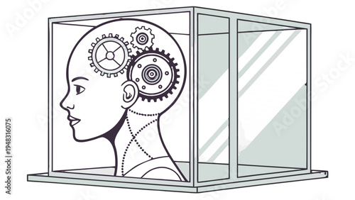 Mechanical brain thinking gears inside profile head in display box,  A line-art illustration of a human head profile with visible gears, contained inside a glass display showcase.