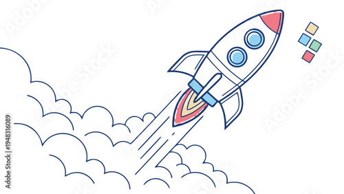 Rocket Launch with Exhaust Smoke for Success,  line-art illustration of a rocket ship with a blue body and red nose cone, blasting off with powerful exhaust smoke and three colored blocks floating