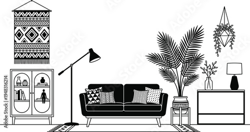 Modern living room furniture silhouettes, sofa cabinet lamp plant decor arrangement, stylish home interior design elements vector illustration set