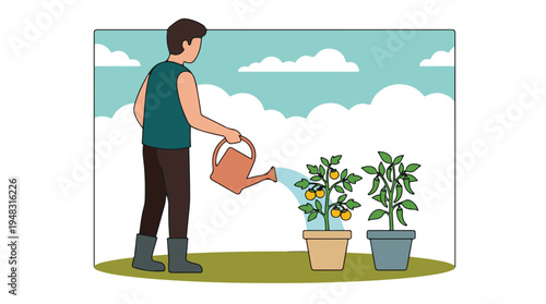 Person watering home garden with potted tomato and chili pepper plants