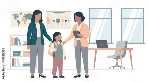 Parent, student, and teacher meeting in school office or classroom