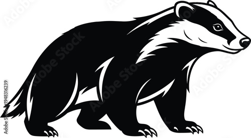 A black and white illustration of a badger in profile view