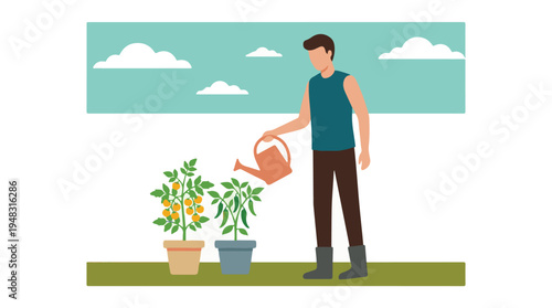 Man watering potted vegetable plants in a home garden, flat design