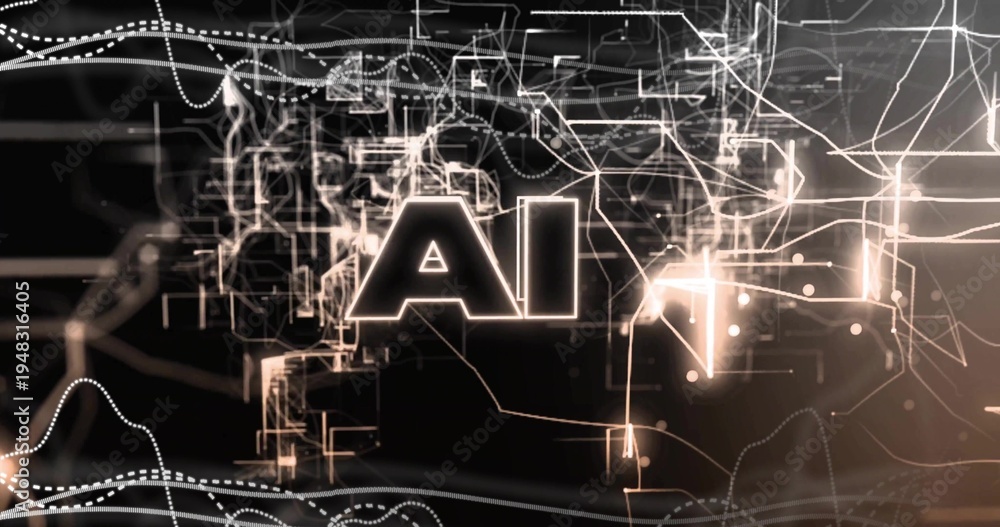 Naklejka premium Glowing stylized AI typography occupying center of digital space, with network nodes and wireframes