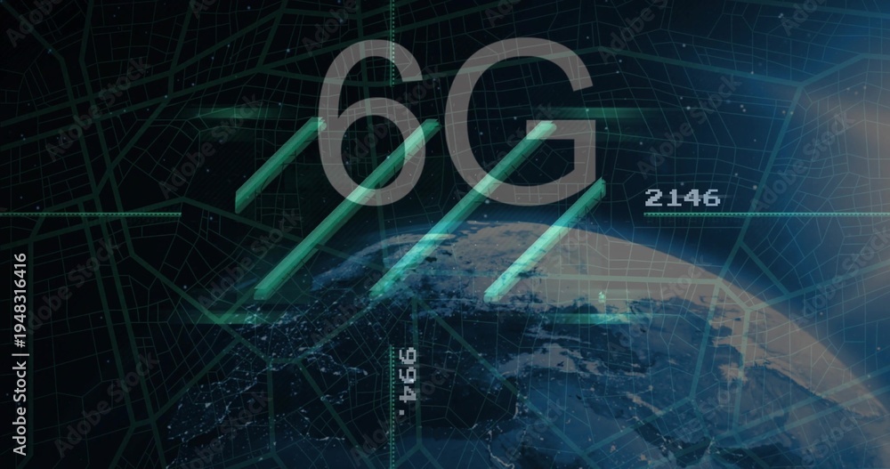 Naklejka premium Displaying 6G label and teal beams crossing partial Earth globe on futuristic grid, with nodes
