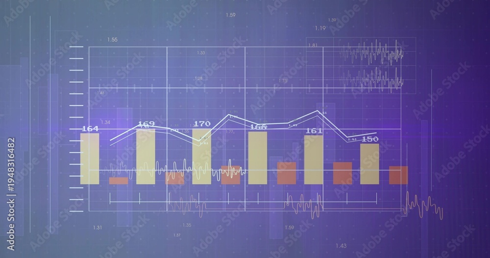 Naklejka premium Displaying multi-series chart on purple gradient, with grouped bars, trend lines and numeric labels