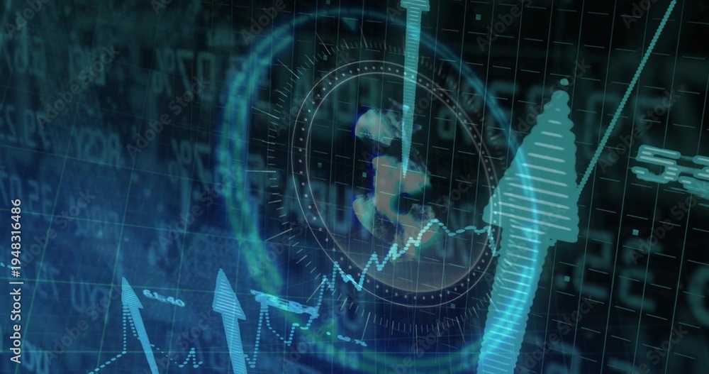 Fototapeta premium Displaying HUD reticle overlaying faint globe in dashboard, with jagged line chart and cyan arrows