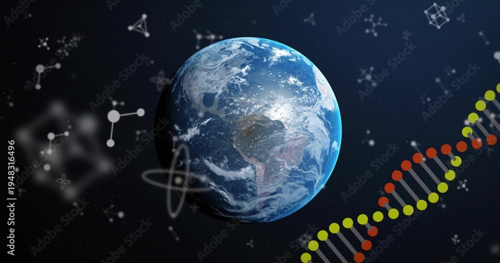 Obraz premium Showing planet Earth floating in dark star field, featuring DNA double helix and molecular icons