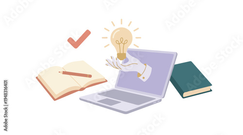 Digital Education and Innovation Concept with Laptop, Books, and Ideas