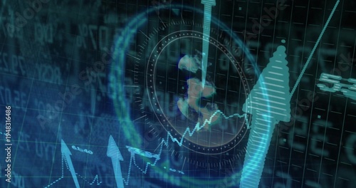 Displaying HUD reticle overlaying faint globe in dashboard, with jagged line chart and cyan arrows