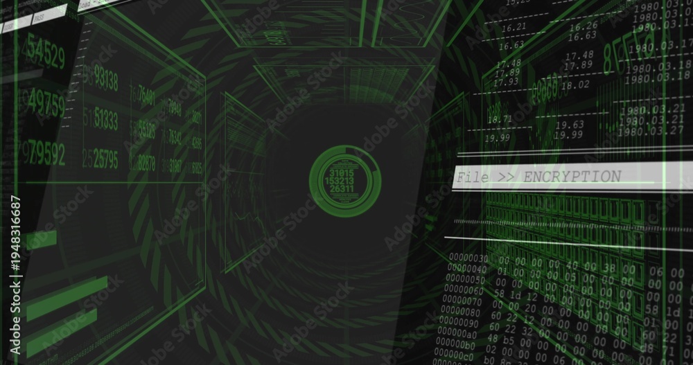 Fototapeta premium Pulsing central node radiating concentric rings in cyber tunnel with FileENCRYPTION banner