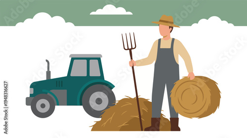 Farmer with hay bale and pitchfork standing by a tractor