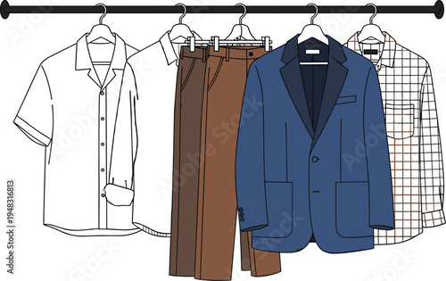 Men's fashion clothing vector illustration set, formal suit jacket, casual shirts, trousers hanging on a rack, wardrobe collection for retail store design