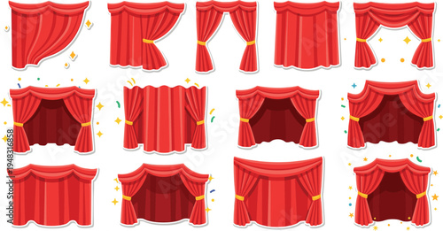 Set of 16 Red Stage Curtain Vector Illustrations with Various Poses, Confetti, and Sparkles for Event and Performance Designs