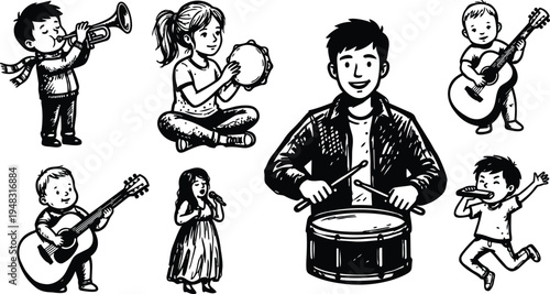 Line art close up drummer with sticks smiling and children playing guitar trumpet tambourine singing jumping in playful classroom scene