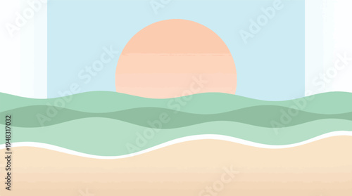 Peaceful abstract landscape with setting sun, green waves, and sandy beach.