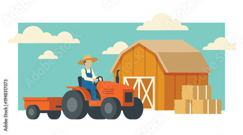 Flat design illustration of a farmer driving a tractor on a rural farm