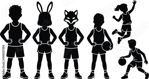 Flat design silhouette children in animal masks and basketball action standing hands on hips jumping dribbling front view white sporty