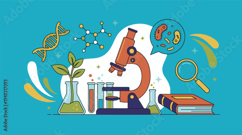 Science research and education concept with lab instruments and symbols