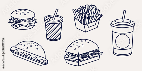 a collection of fast food items including burgers and fries Vector