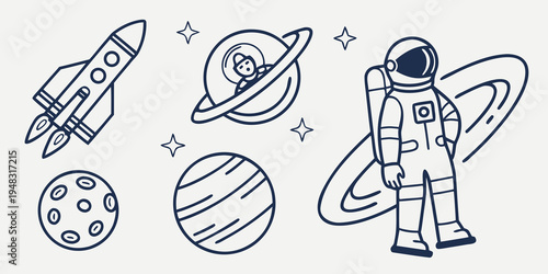 astronaut standing next to planets and a spaceship Vector