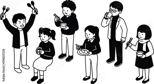 Line art vector isometric group of friends eating together standing and sitting holding bowls chopsticks forks smiling casual dining scene