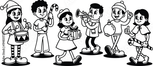Retro cartoon black and white close up parade of children caroling with drums trumpets candy canes and gifts marching joyful